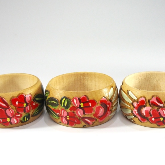 Wood Floral Napkin Rings, Set Six Stacking, Stand - Picture 6 of 8